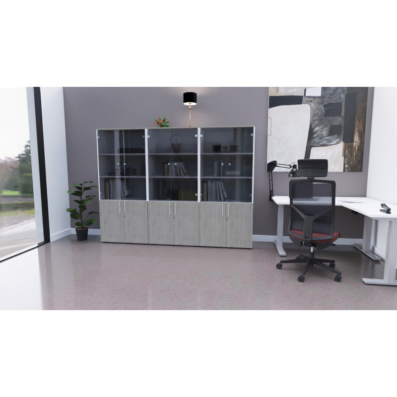 Armoire de bureau combin&eacute;e portes vitr&eacute;es H 180 cm M&eacute;tis