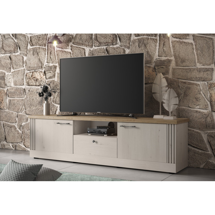 Meuble TV contemporain 211 cm chêne blanc Elbeth