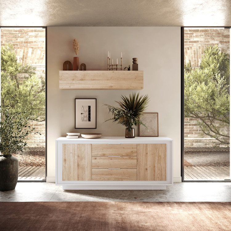 Buffet/bahut moderne 180 cm laqué blanc mat/chêne cadiz Rosine