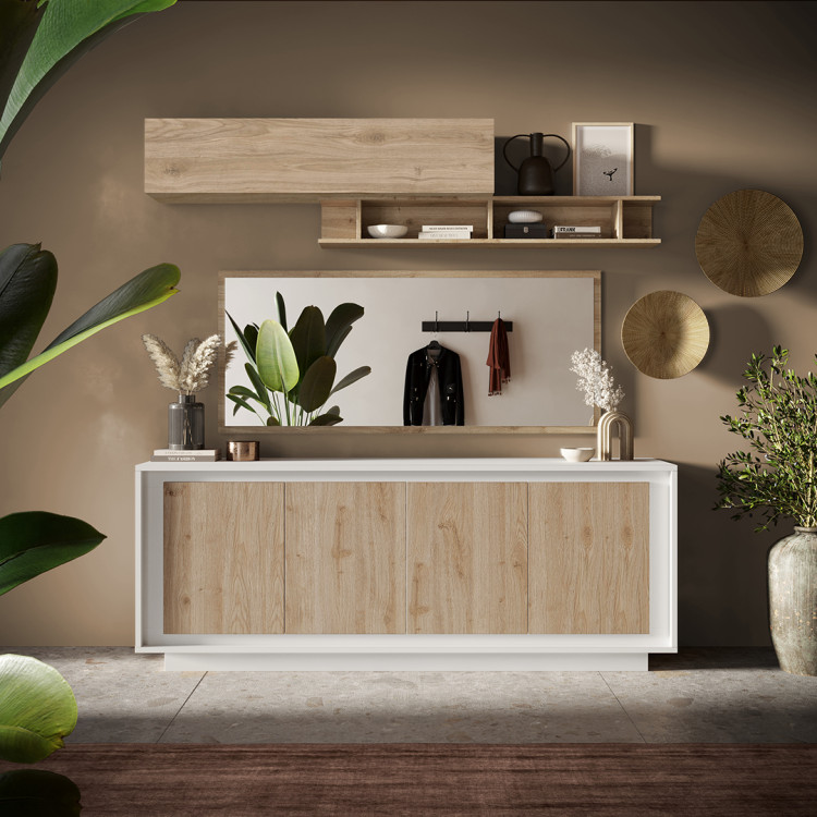 Buffet/bahut moderne 207 cm laqué blanc mat/chêne cadiz Rosine