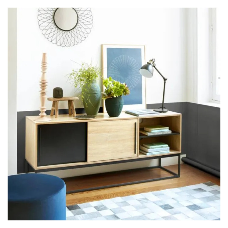 Meuble TV industriel 150 cm chêne/noir Vinie