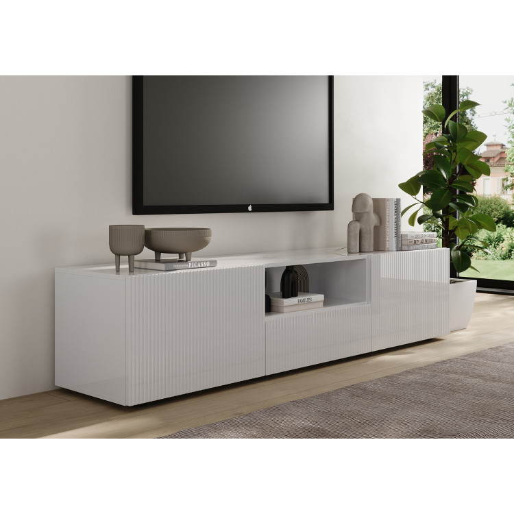 Meuble TV moderne 184 cm laqué blanc brillant Janeiro