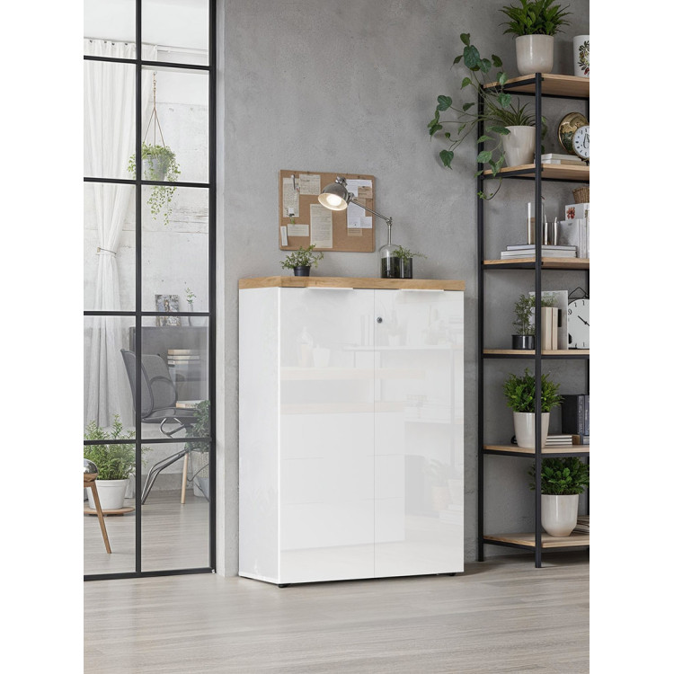 Armoire de bureau moderne H 115 cm blanc laqué/chêne Daisy