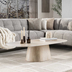 Table basse moderne 135 cm en céramique aspect travertin Celenia