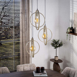 Suspension industrielle ronde en métal beige 3 lampes Sam