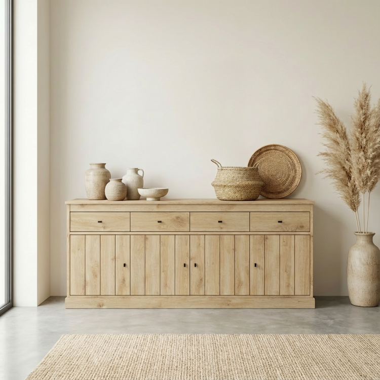Buffet/bahut contemporain 225 cm chêne clair Valeria