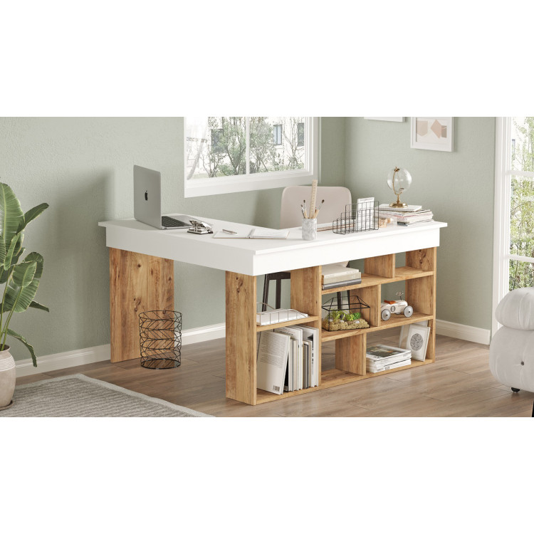 Bureau d'angle informatique moderne blanc/pin atlantic Studine