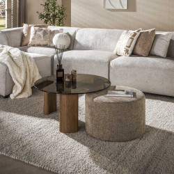 Table basse moderne en verre fumé brun avec pouf Tina