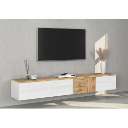 Meuble TV suspendu moderne blanc brillant/chêne wotan Isayane
