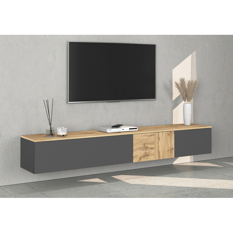 Meuble TV suspendu moderne anthracite mat/chêne wotan Isayane