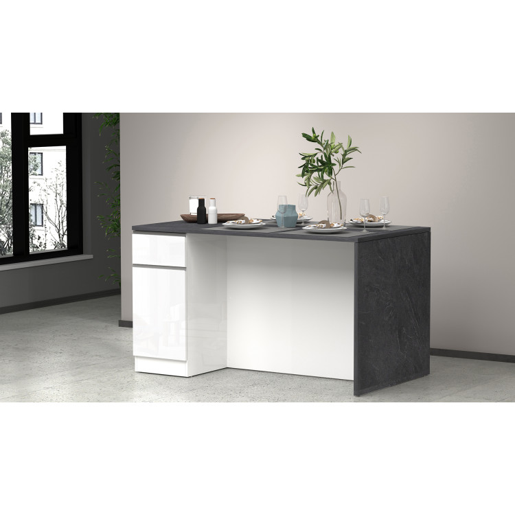 Îlot de cuisine 2 portes 160 cm blanc brillant/béton Solena
