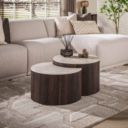 Lot de 2 tables basses modernes en acacia massif brun foncé Ceramic
