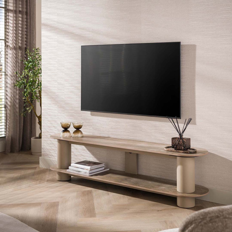 Meuble TV moderne 180 cm métal beige et céramique Célia