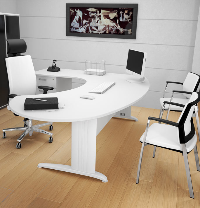 Bureau d'angle de direction avec caisson trois tiroirs et plateau arrondi
