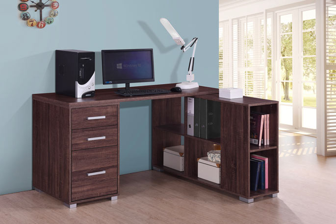 Bureau d'angle contemporain en coloris noyer avec tiroirs et niches ouvertes