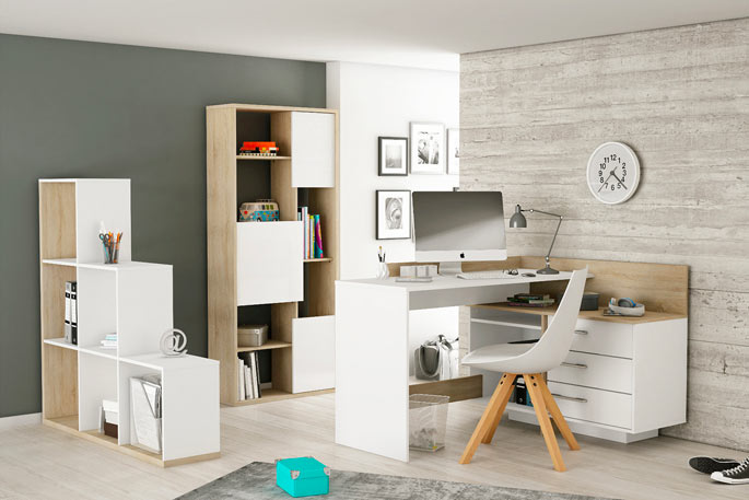Bureau d'angle compact en chêne et blanc mat avec tiroirs suspendus