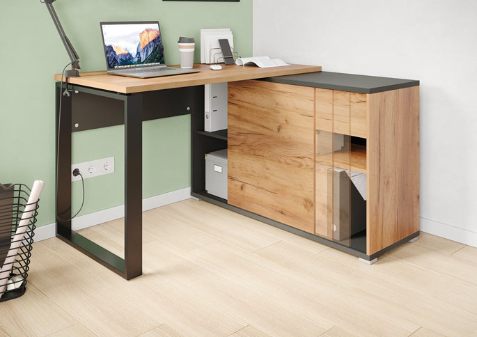 Bureau d'angle moderne en décor chêne et graphite avec plateau coulissant