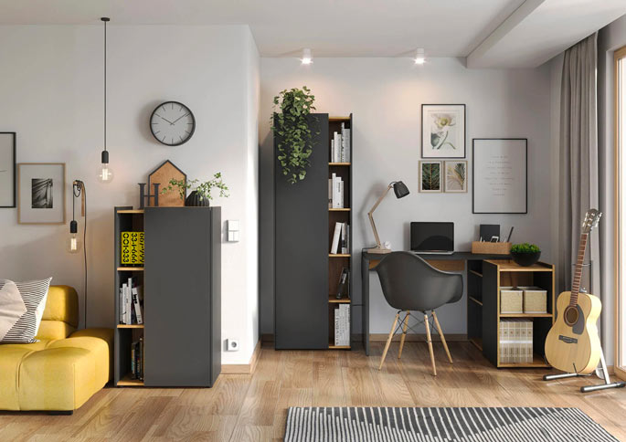 Bureau d'angle moderne en décor graphite et chêne