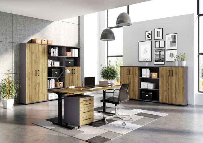 Bureau droit réglable en hauteur avec caisson de rangement assorti