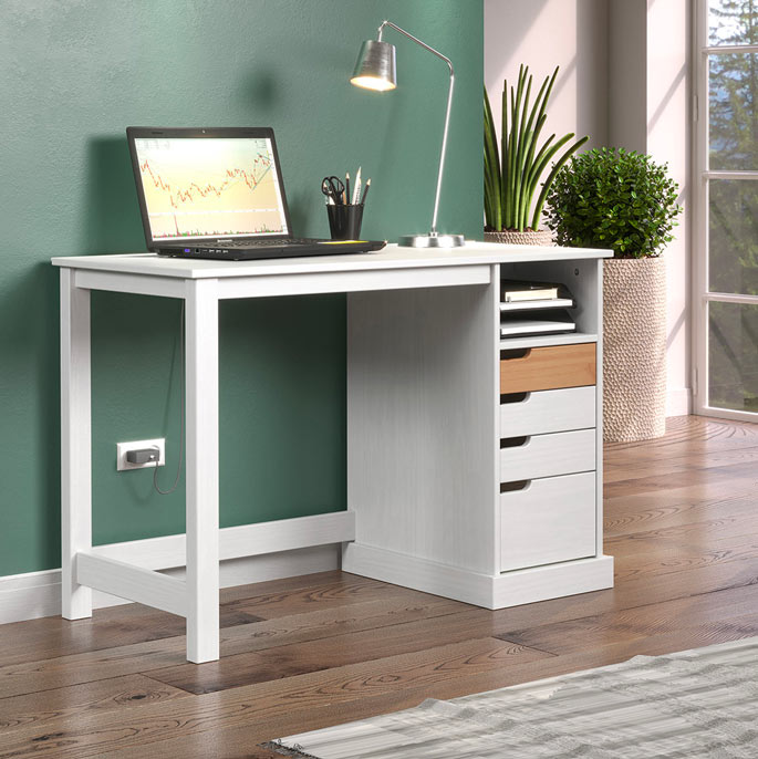 Bureau droit en pin massif laqué, style nature