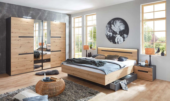 Chambre adulte style industriel en chêne et graphite