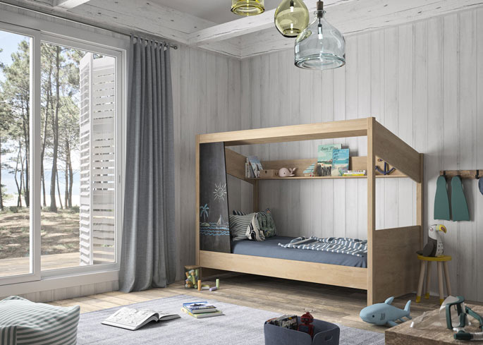 Lit cabane enfant en bois massif avec toit ouvert