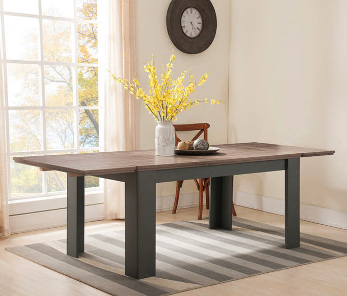 Table de salle &agrave; manger extensible finition bois fonc&eacute;, pi&egrave;tement m&eacute;tallique, allonge int&eacute;gr&eacute;e