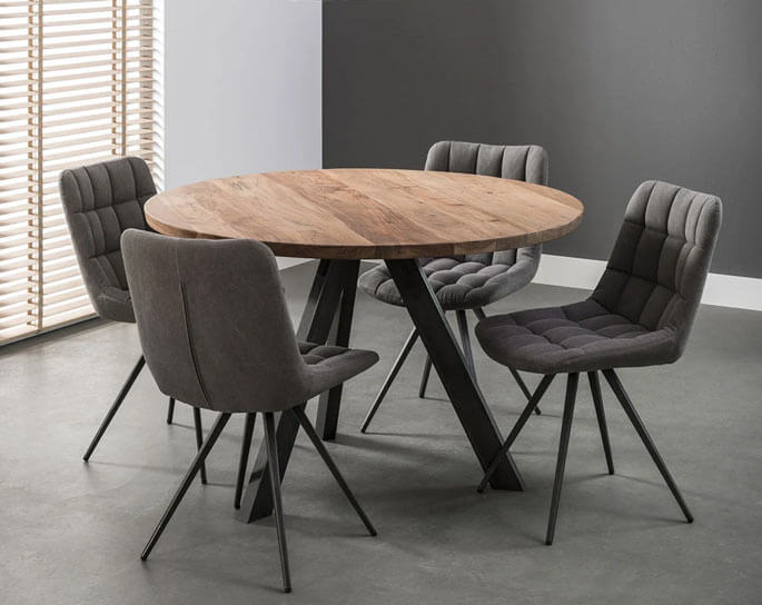 Table de salle &agrave; manger ronde en bois massif &agrave; pied central m&eacute;tal