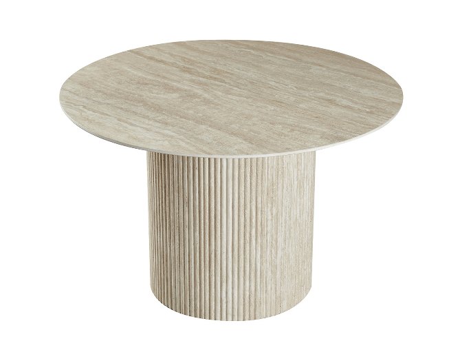 Coin repas avec un plateau rond en céramique et quatre assises en place