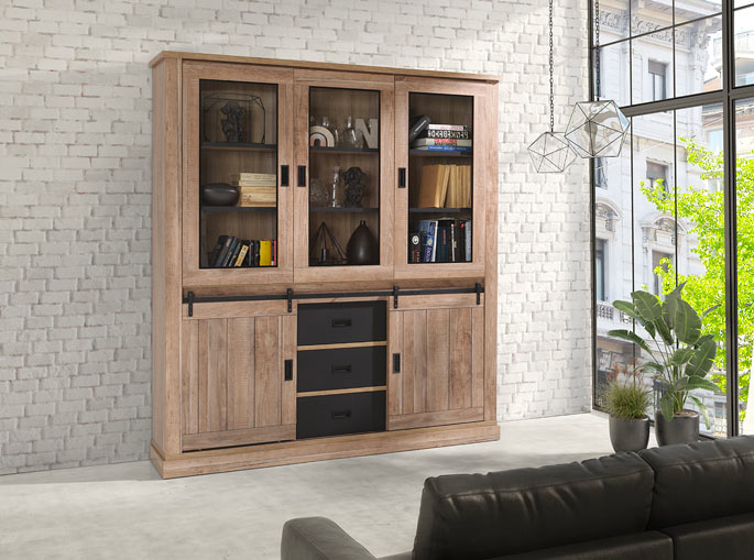 Vaisselier argentier de style industriel de 190 cm en chêne noir