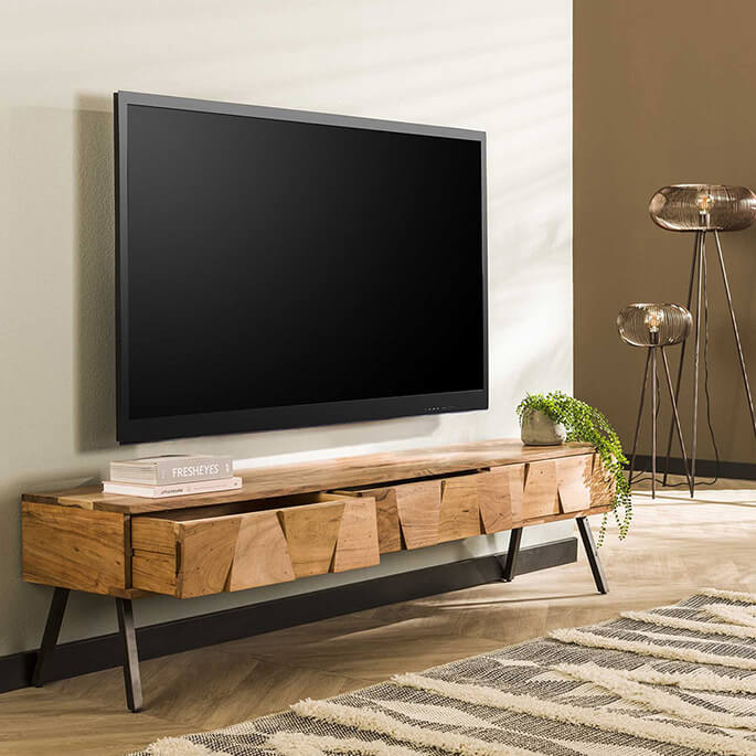 Meuble TV industriel 180 cm en acacia massif naturel