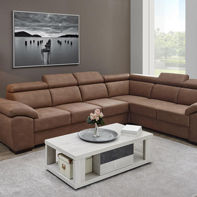 Canapé d'angle moderne en tissu coloris camel