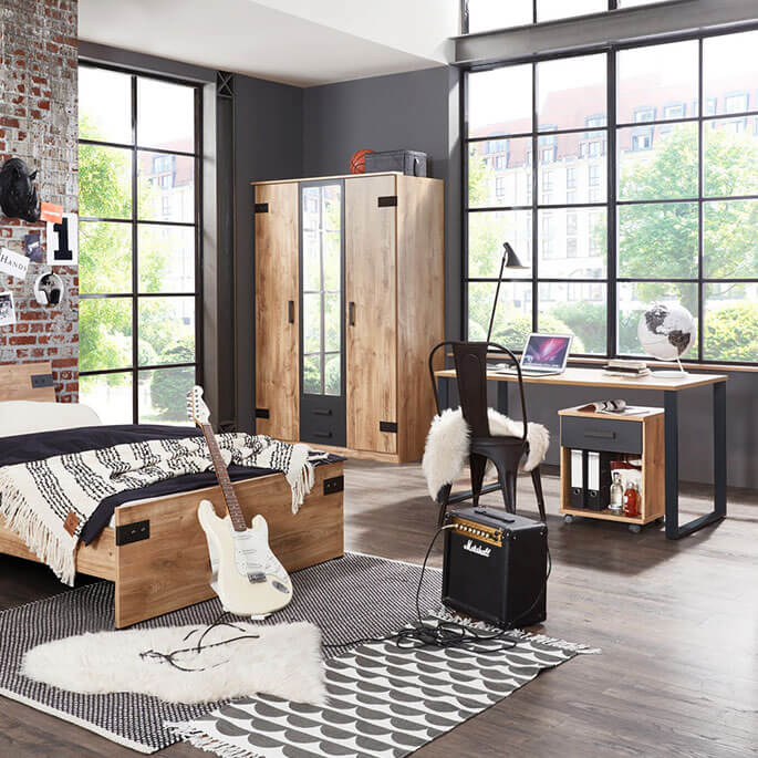 Chambre enfant de style industriel, coloris chêne et anthracite