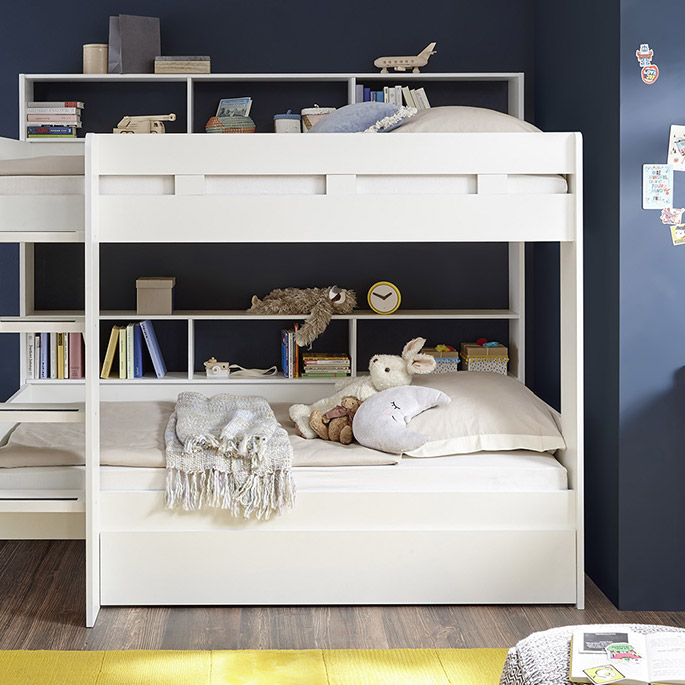 Lits superposés enfant contemporain blanc, échelle et barrière de sécurité intégrées