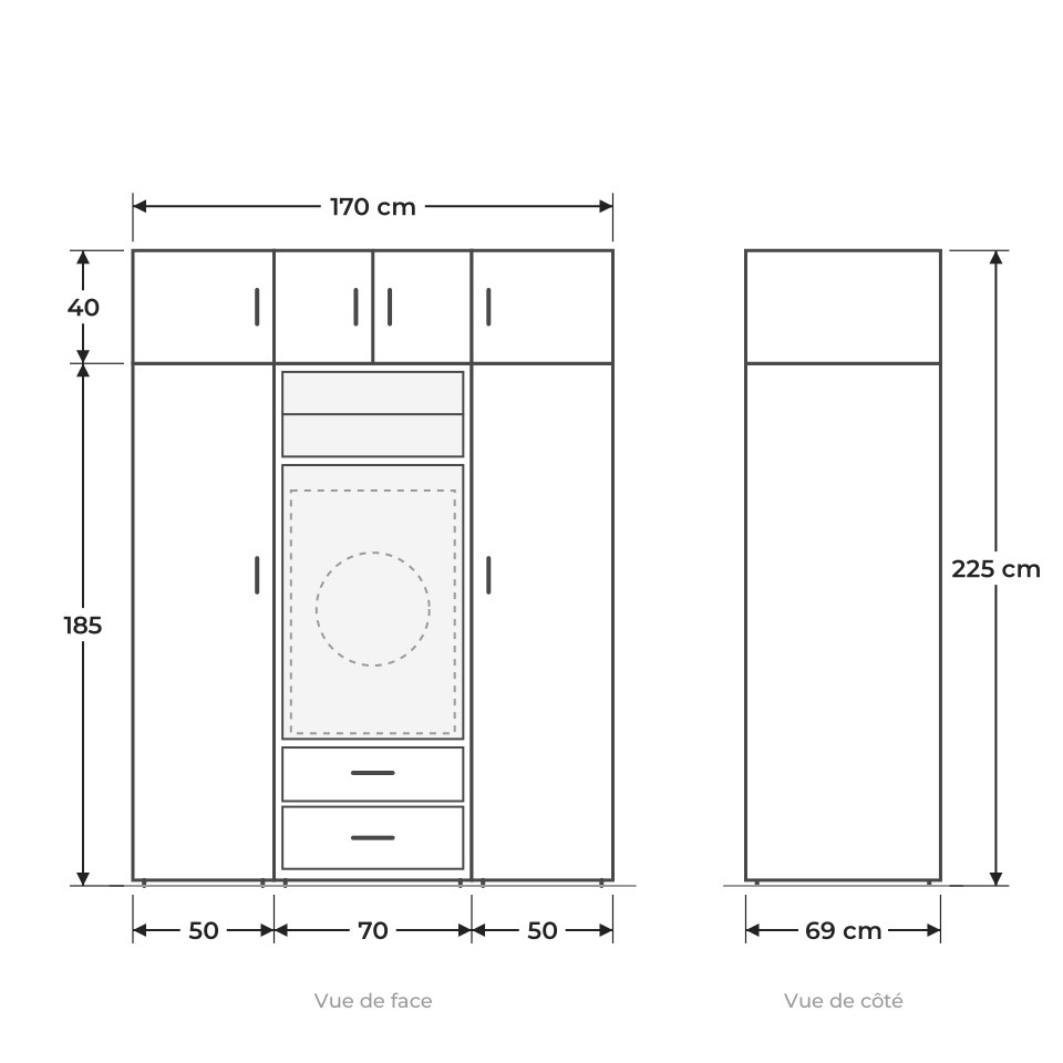 Dimensions de l'ensemble de buanderie Jesy : 170 cm de large, 225 cm de haut, 69 cm de profondeur