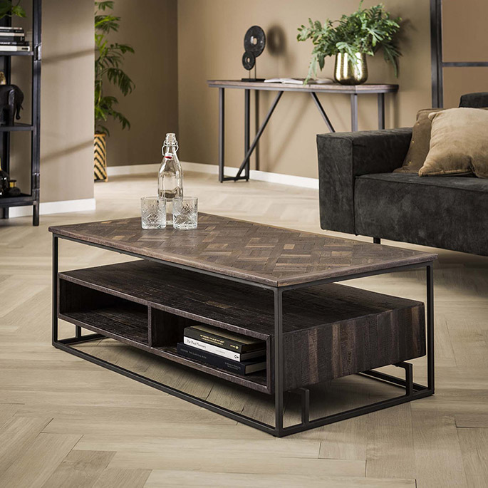 Table basse industrielle en metal et teck fonce