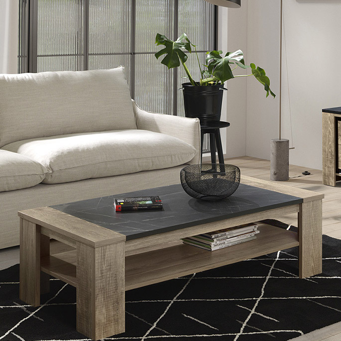 Table basse rectangulaire moderne chêne marbre noir